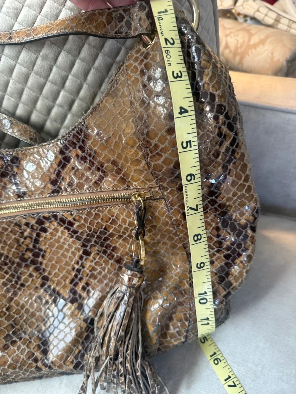 Michael Kors Brown and Tan Snake-Print Leather Hobo with Tassel Charm